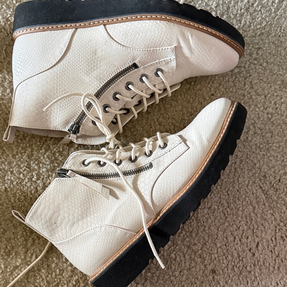 White Snakeskin Ankle Boots with Black Soles